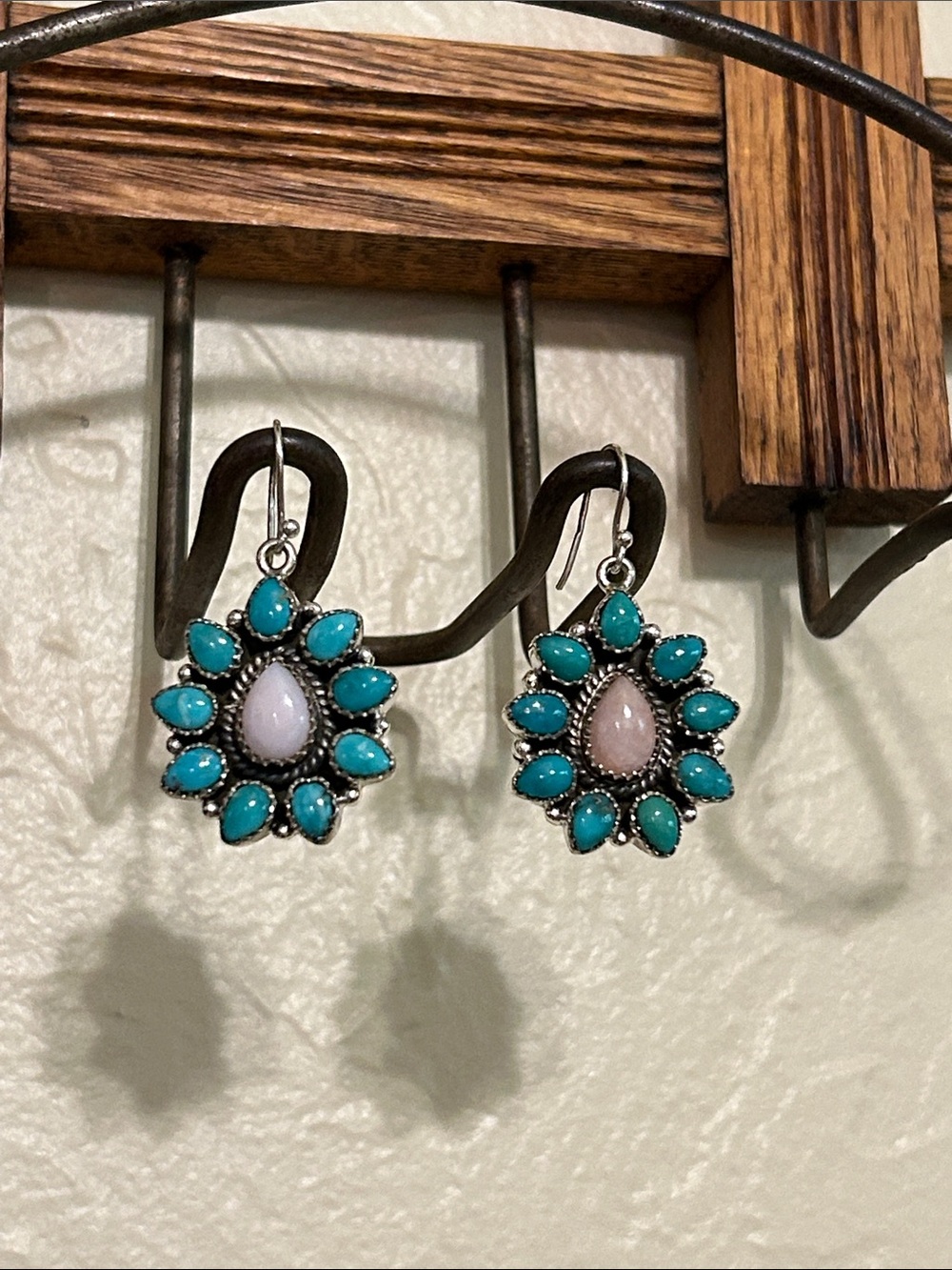 Sterling silver, pink opal, kingman turquoise drop earrings